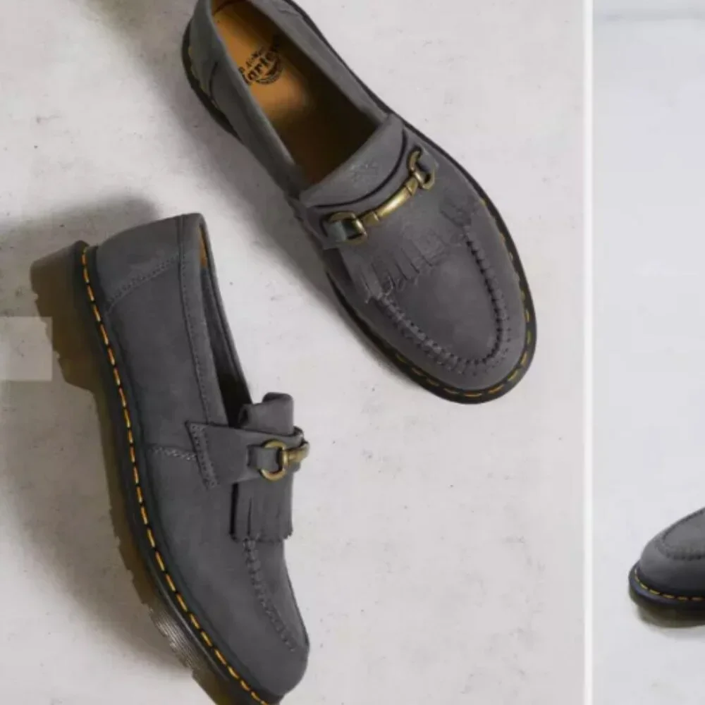Dr. Martens Gray Suede Kiltie Loafers with Brass Hardware
